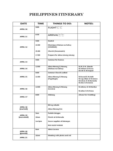 tagalog ng itinerary|ITINERARYO: Tagalog.